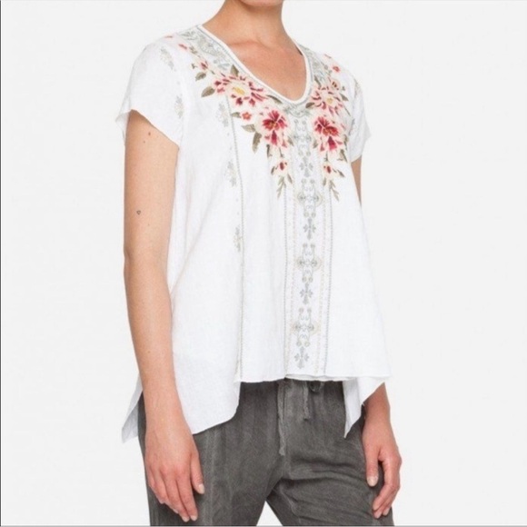 Johnny Was JWLA Top Christine Drape Shirt 100% Linen Floral Embroidered White M - Picture 1 of 12